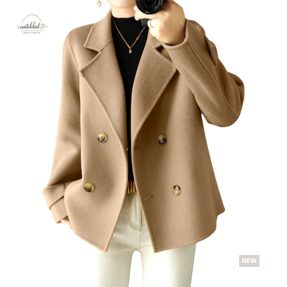 Wool Blend Pea Coat Blazer Loose Fit Double Breasted Business Casual